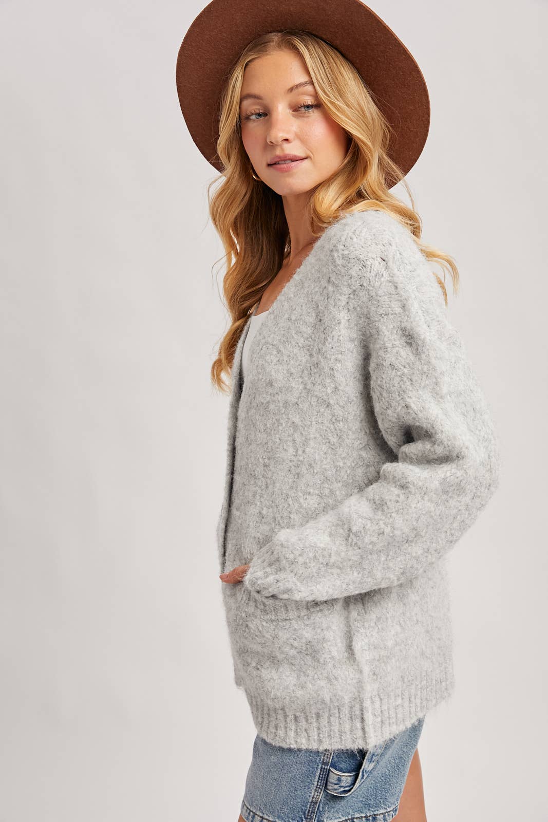 Bluivy - Button Down Fuzzy Heathered Knit Sweater Cardigan