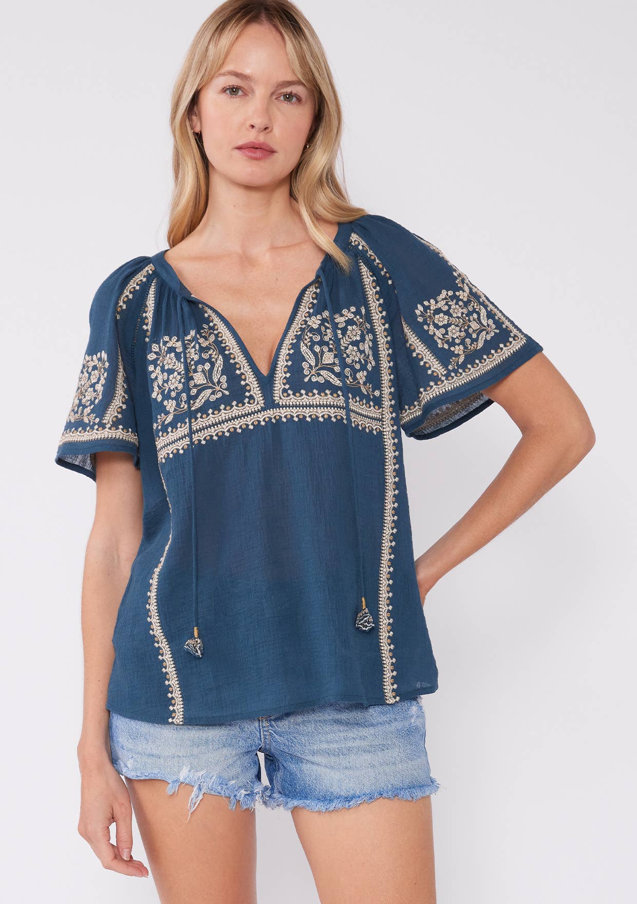 Lovestitch - Embroidered Raglan Short Sleeve Split Neck Top