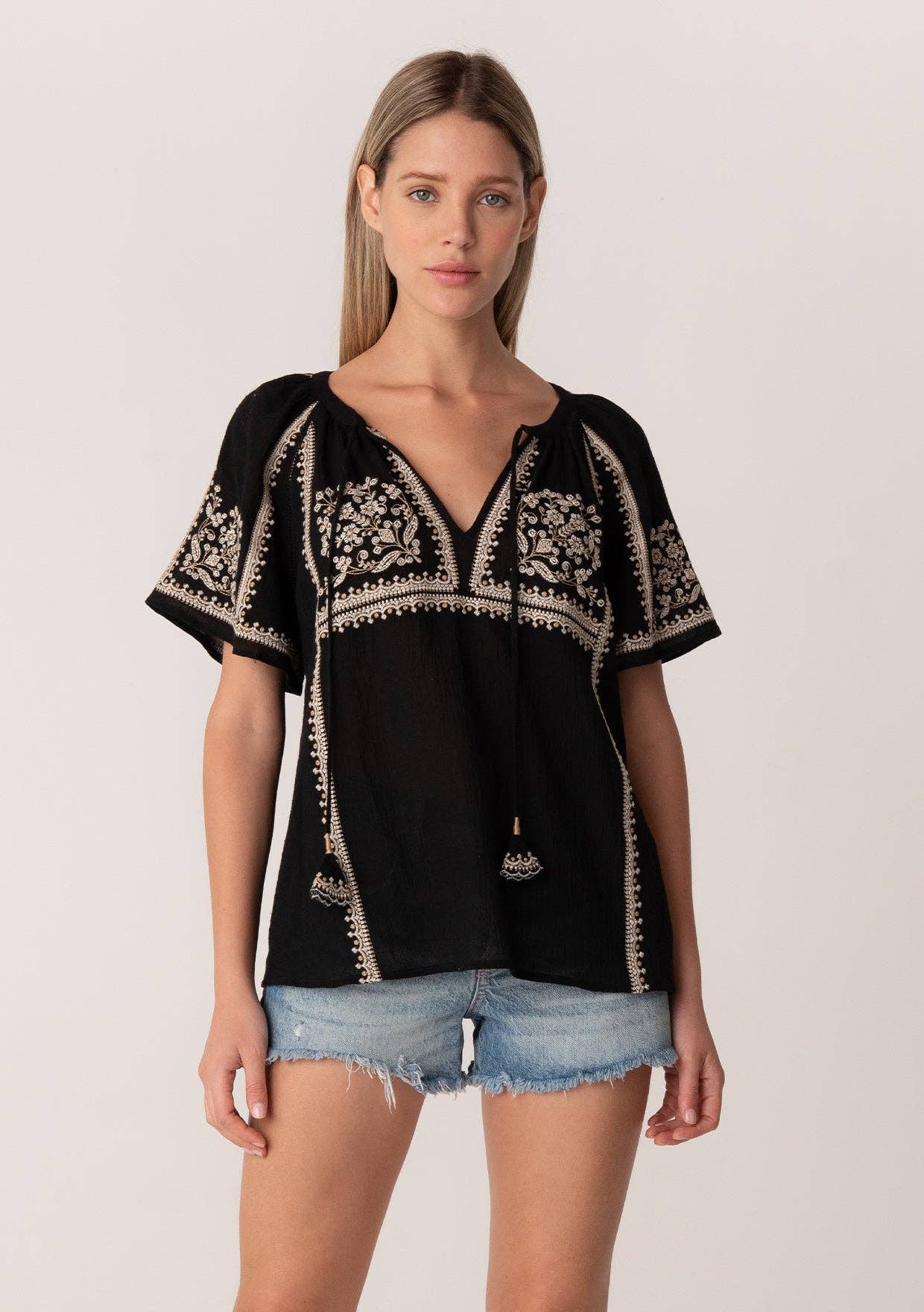 Lovestitch - Embroidered Raglan Short Sleeve Split Neck Top