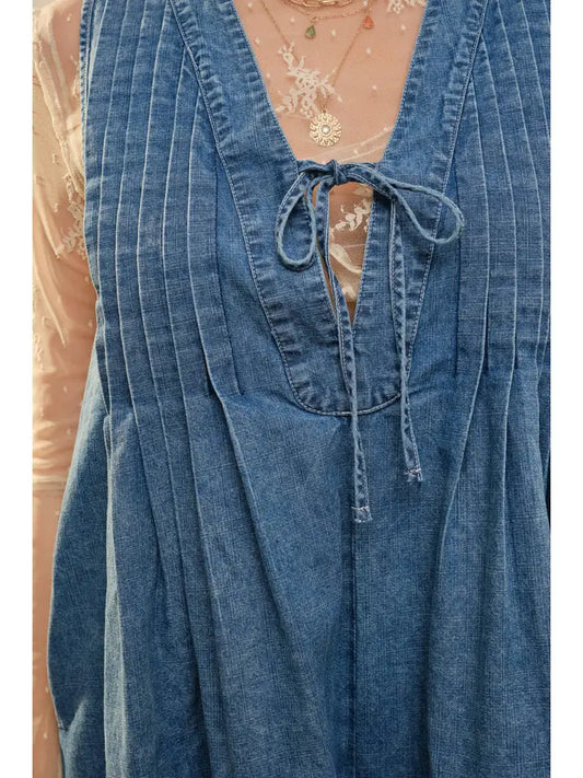 Blue B Deep V-Neck Pintuck Denim Romper