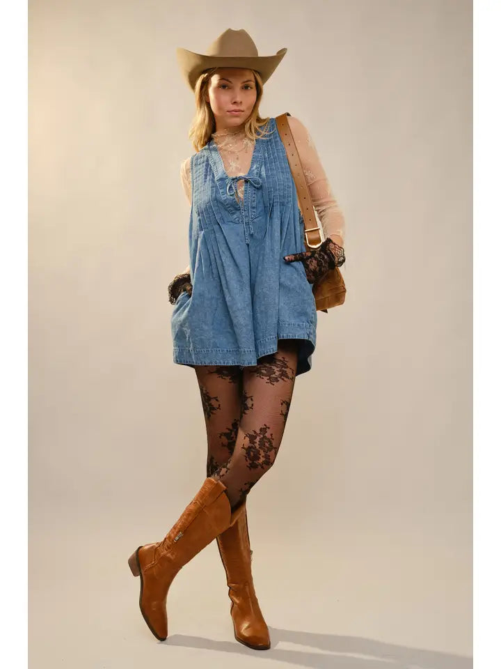 Blue B Deep V-Neck Pintuck Denim Romper