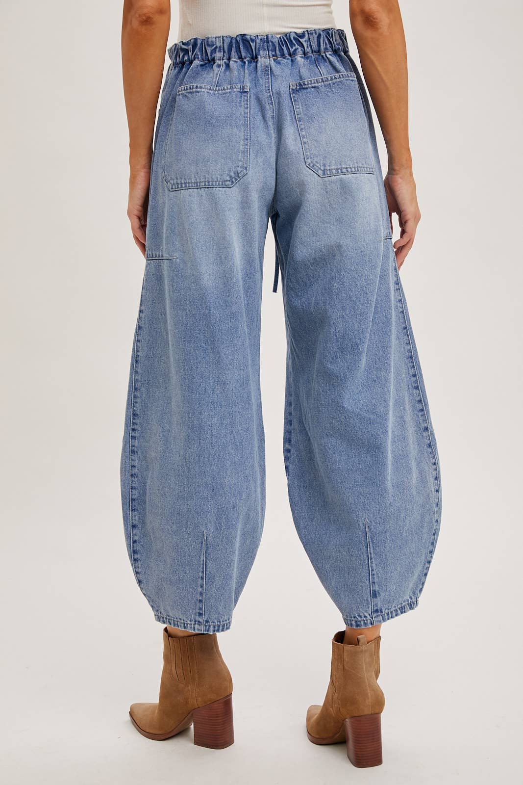Bluivy - Denim Mid-Waist Drawstring Barrel Jeans