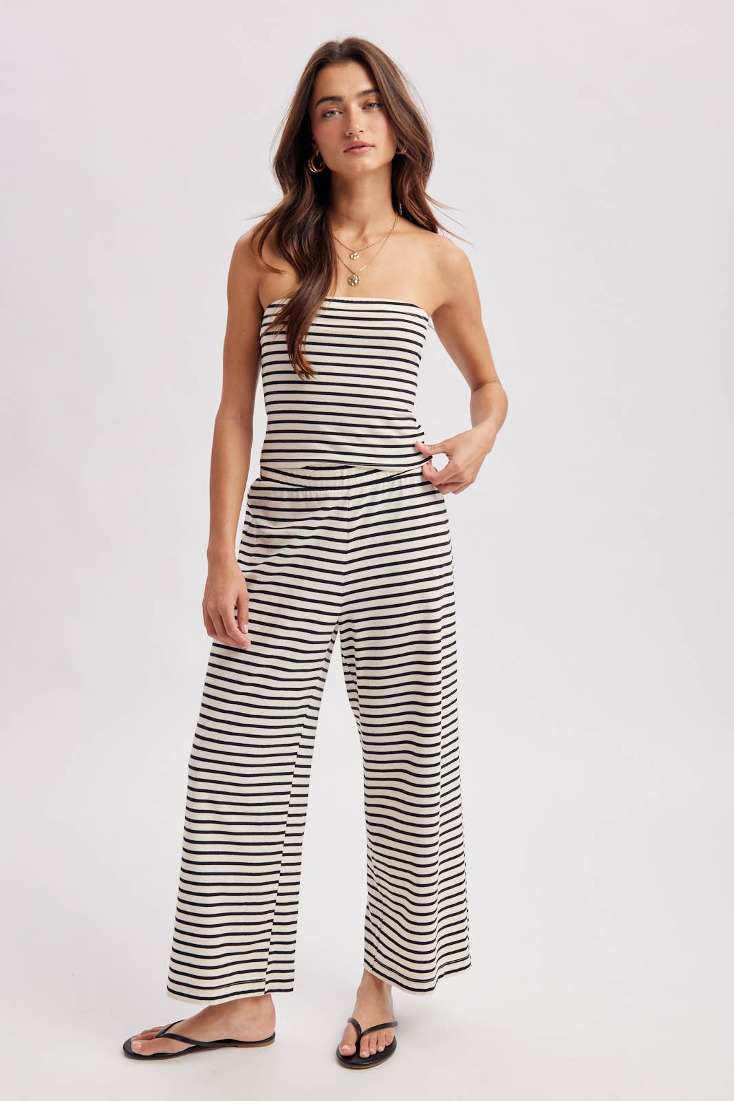 Wishlist Apparel - STRIPED KNIT TUBE TOP AND PANTS SET: CREAM/BLACK