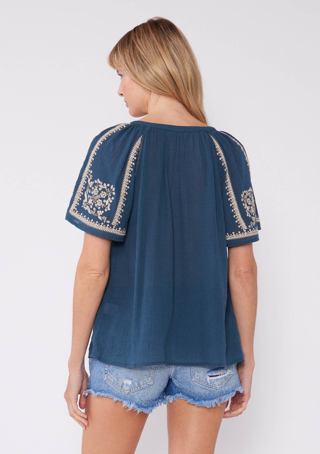 Lovestitch - Embroidered Raglan Short Sleeve Split Neck Top