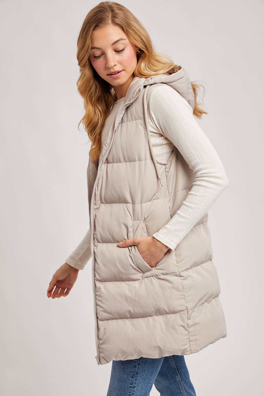 Bluivy - Hooded Zipper Down Longline Puffer Vest