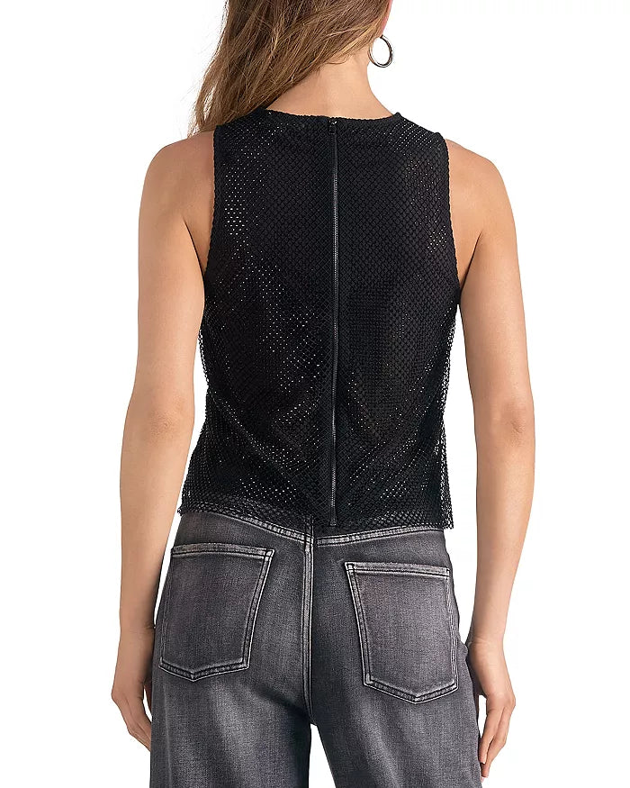 Elan Sheer Sleeveless Tank Top with Rhinestone Mesh - White/Black