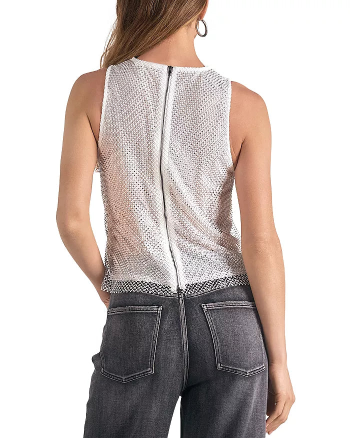 Elan Sheer Sleeveless Tank Top with Rhinestone Mesh - White/Black