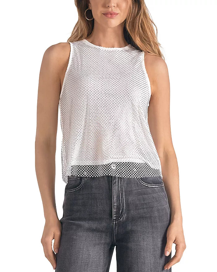 Elan Sheer Sleeveless Tank Top with Rhinestone Mesh - White/Black