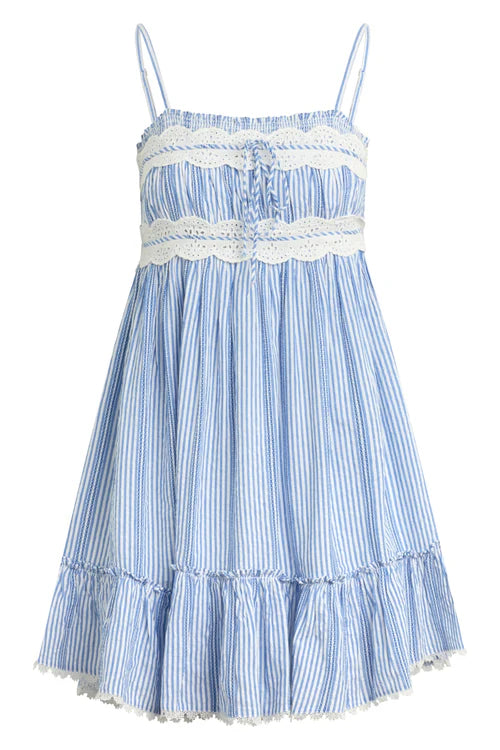 Blue and white striped spaghetti strap dress with lace details