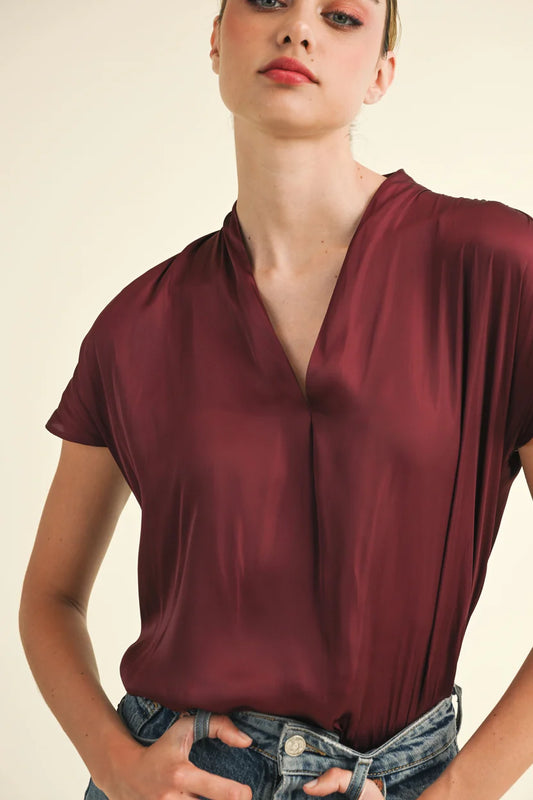 women's satin short sleeve t-shirt burgundy