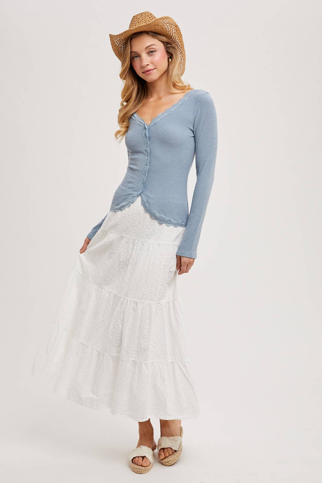 Bluivy - BUTTON DOWN LACE TRIMMED KNIT CARDIGAN TOP: OATMEAL / M