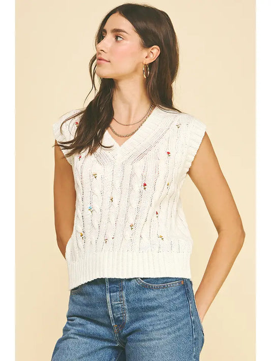 Pinch Floral Embroidered Cable Knit Sweater Vest