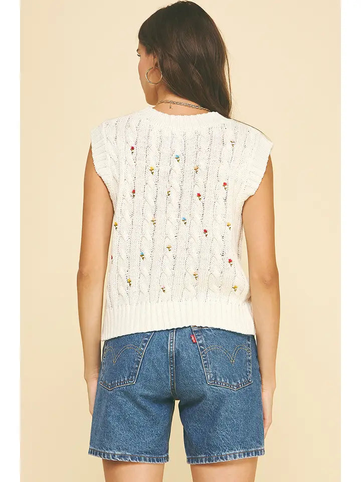 Pinch Floral Embroidered Cable Knit Sweater Vest