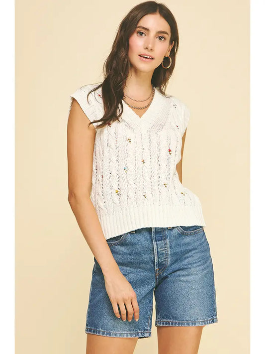 Pinch Floral Embroidered Cable Knit Sweater Vest