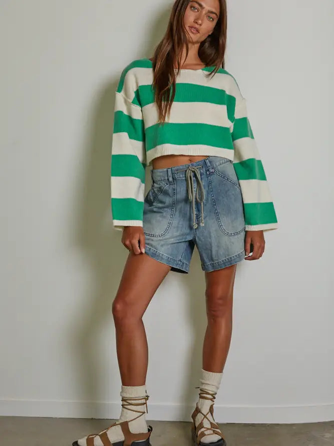 By Together Knit Polyester Striped Pullover Crop Top - Green/Ivory