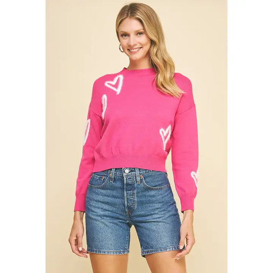 Pinch Heart Pullover Sweater - Fuchsia