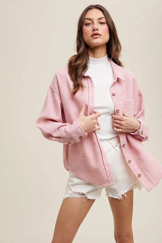 Wishlist Houndstooth Shacket - White/Pink