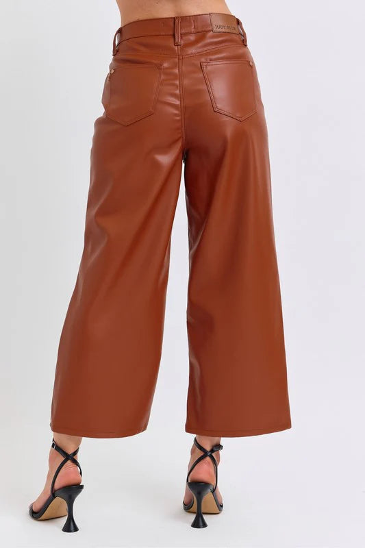 Judy Blue Tummy Control Faux Leather Crop Wide Leg - Camel