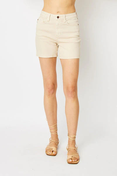 Judy Blue HW Garment Dyed Embriodered Pocket Shorts - Bone