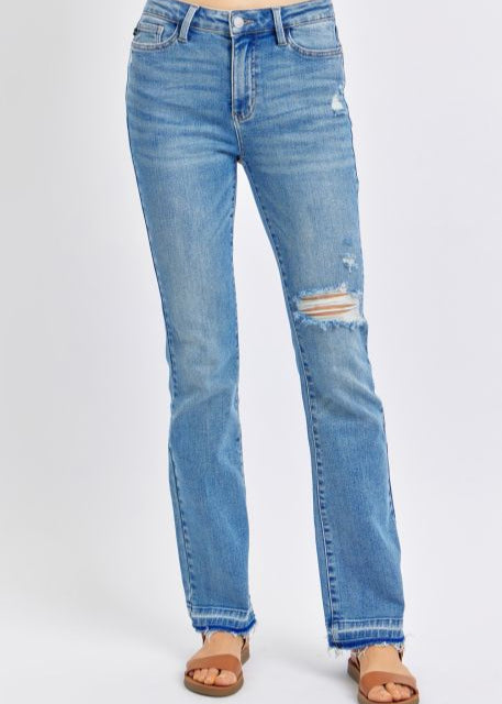 Judy Blue Mid Rise Distressed Released Hem Jeans – Medium Wash