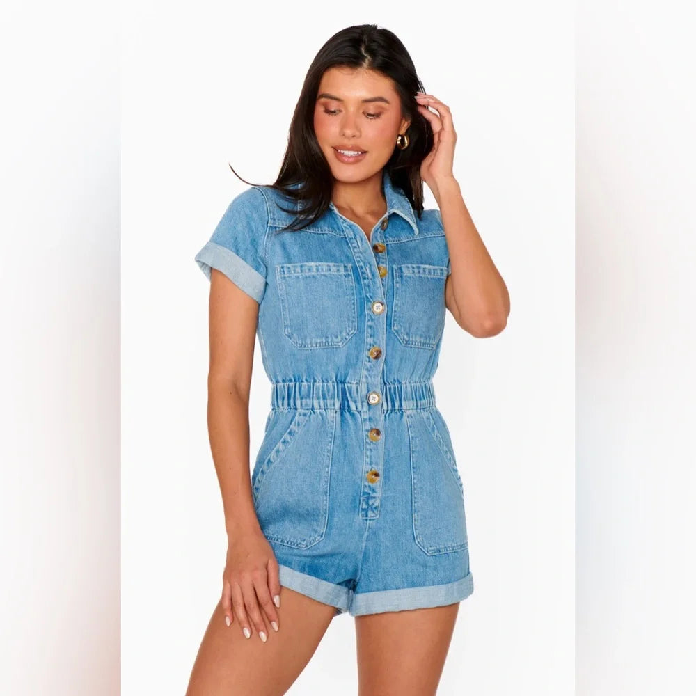 Show Me Your Mumu Denim Button Up Romper