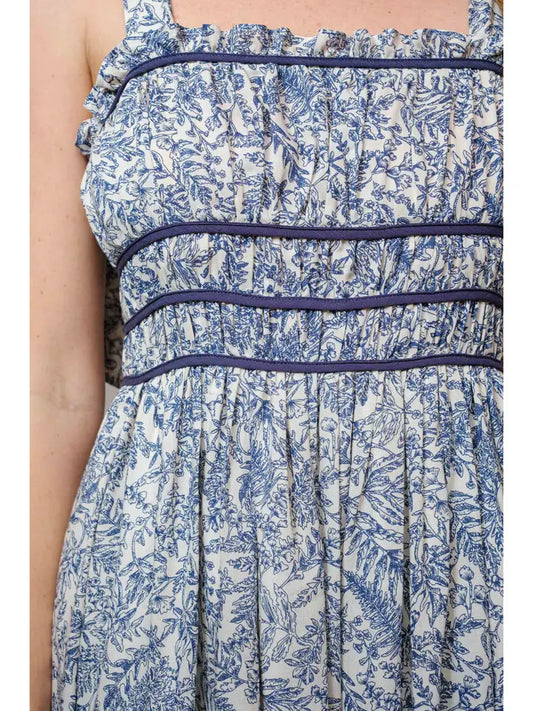 Blue B Tie Shoulder Ruched Floral Midi Dress - Navy