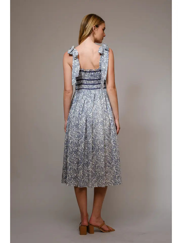 Blue B Tie Shoulder Ruched Floral Midi Dress - Navy