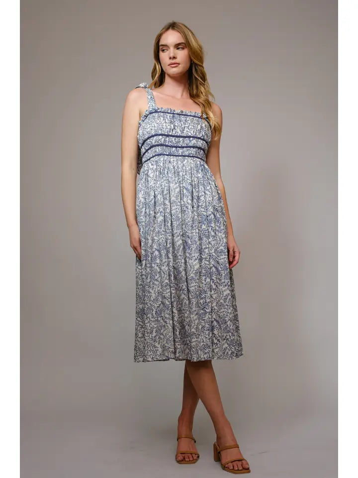 women's blue floral midi dress with tie straps 
