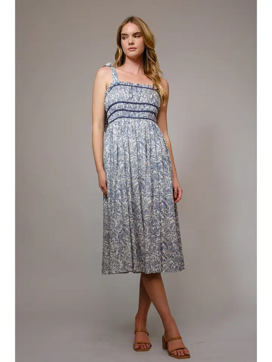 women's blue floral midi dress with tie straps 