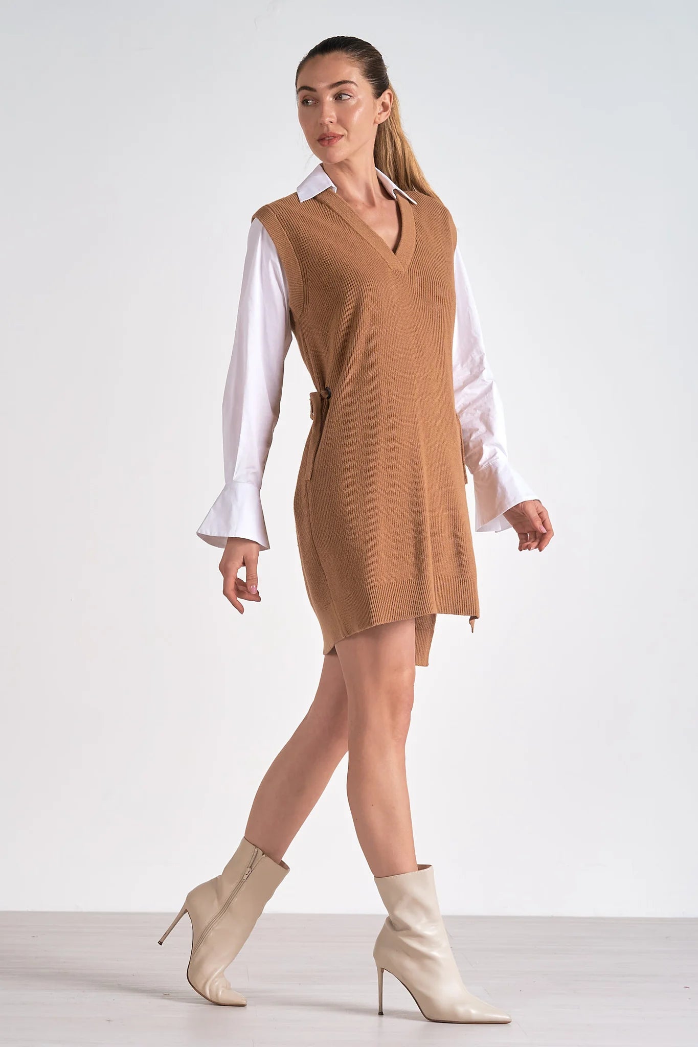 Elan Nia Shirt W/ Sweater Vest Dress - Tan