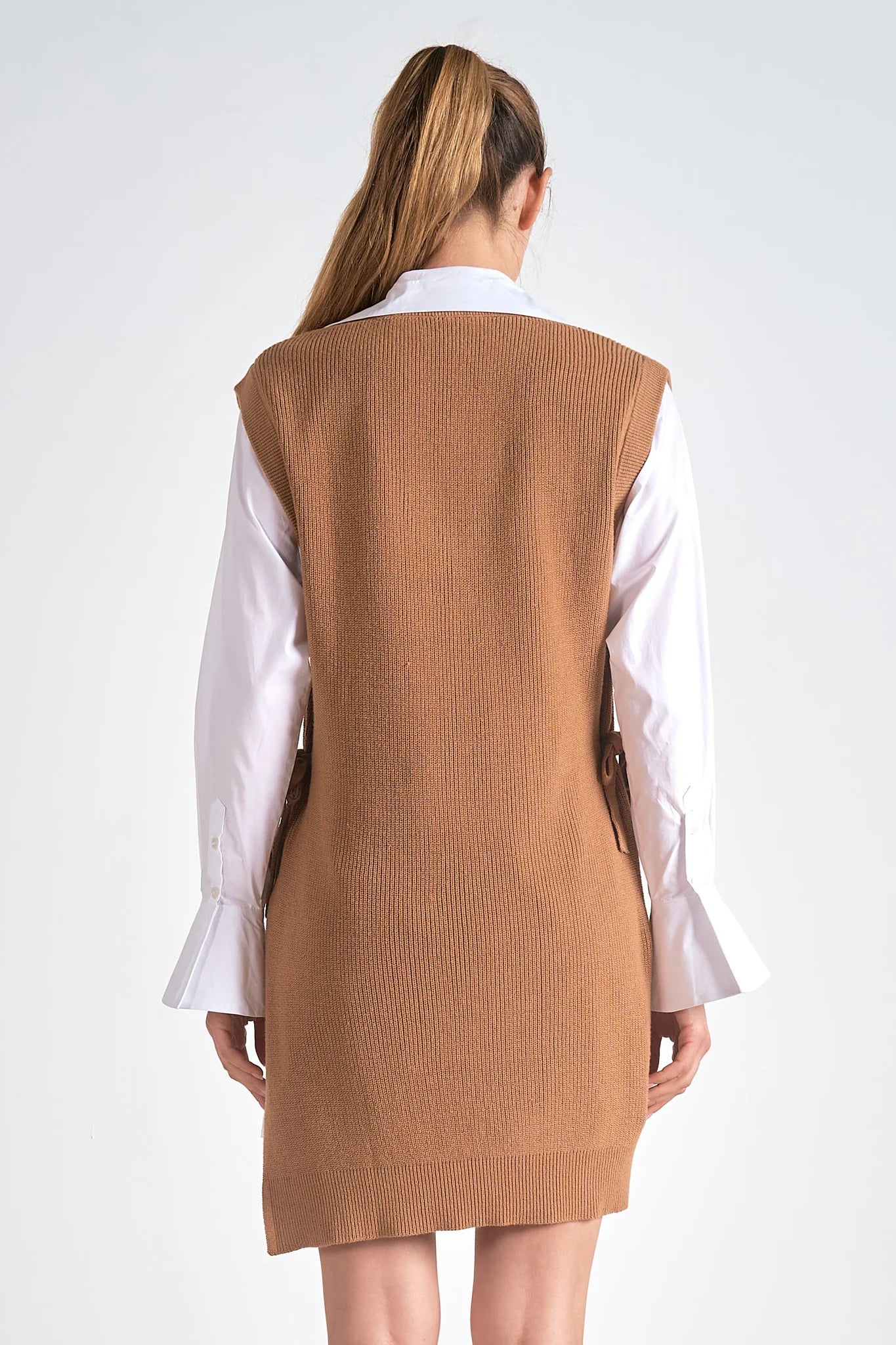 Elan Nia Shirt W/ Sweater Vest Dress - Tan