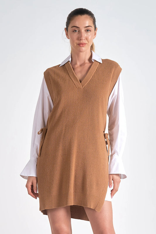 Elan Nia Shirt W/ Sweater Vest Dress - Tan