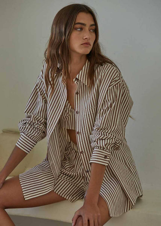 By Together Nikki Striped Button Down Top - Brown Stripes