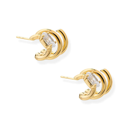 gold double wrap hoop earrings with a gem stud 