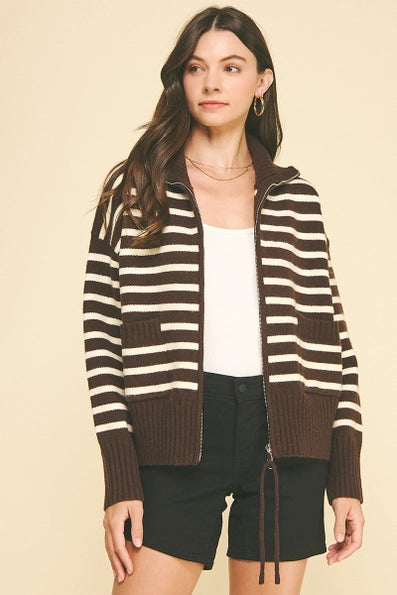 Pinch Striped Zip-Up Sweater - Espresso