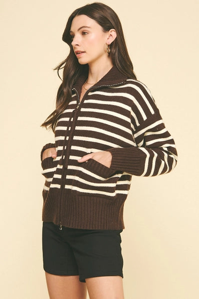 Pinch Striped Zip-Up Sweater - Espresso