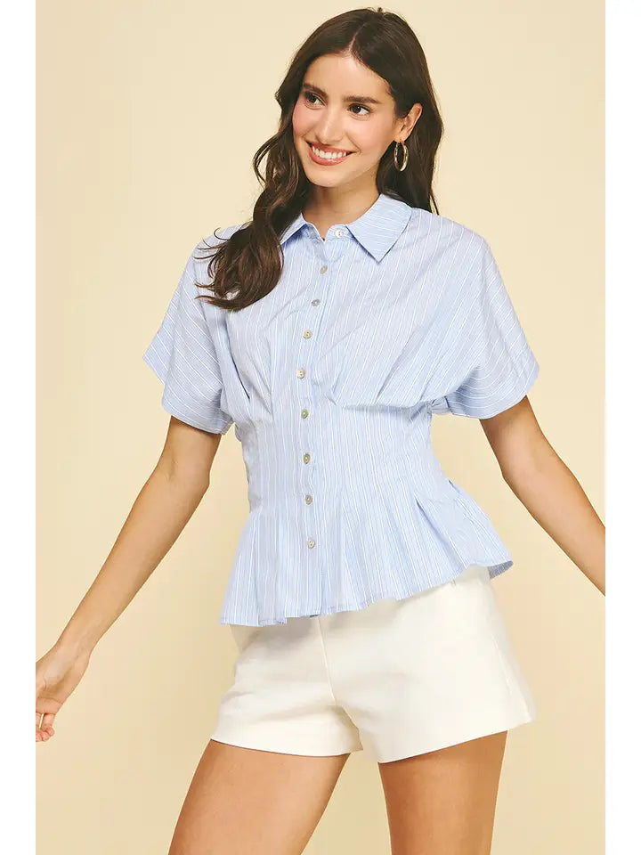 Pinch Striped Button Down w/ Waistline Detail - Light Blue