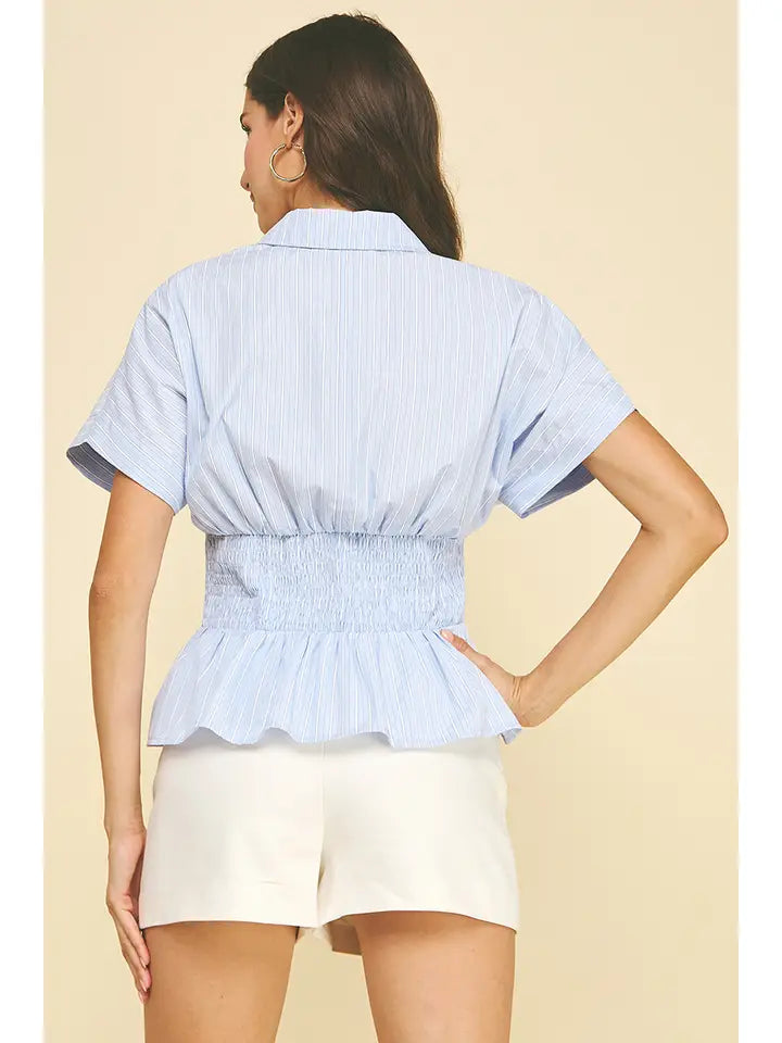 Pinch Striped Button Down w/ Waistline Detail - Light Blue
