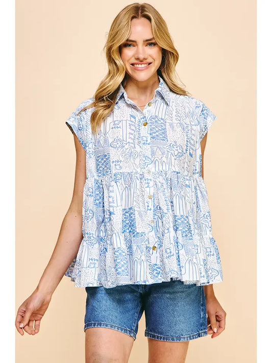 Pinch Sleeveless Buttondown Shirt - Blue Floral