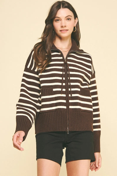 Pinch Striped Zip-Up Sweater - Espresso