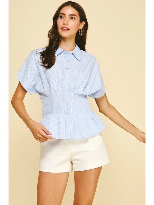 Pinch Striped Button Down w/ Waistline Detail - Light Blue