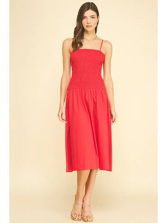 Pinch Smocking Detail Midi Dress - Red