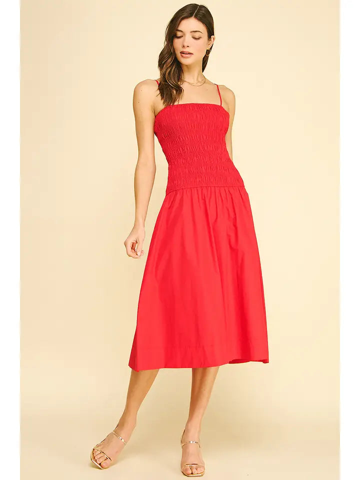 Pinch Smocking Detail Midi Dress - Red