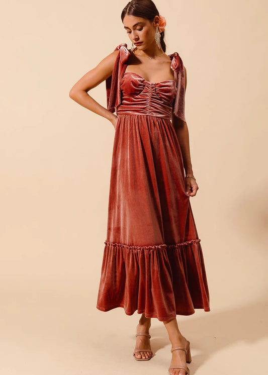 So Me Velvet Tie Strap Dress - Rust