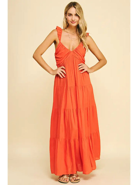 Pinch Ruffled Sleeve Tiered Maxi Dress – Tomato Red