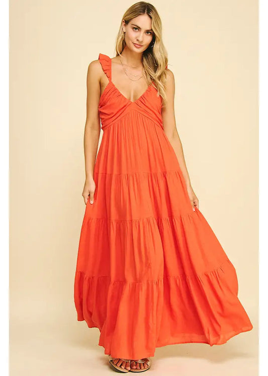 Pinch Ruffled Sleeve Tiered Maxi Dress – Tomato Red