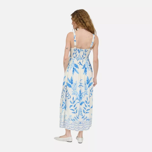 August Sky Leaf Print Scallop Trim Midi Dress