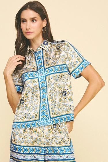 Pinch Scarf Button Up Satin Top - Blue