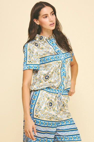 Pinch Scarf Button Up Satin Top - Blue