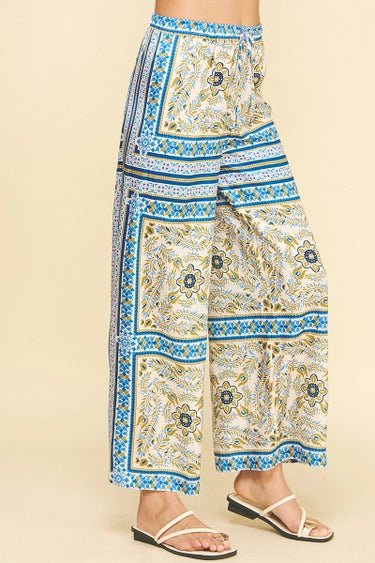 Pinch Scarf Print Wide Leg Pants - Blue